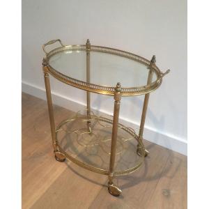 Oval Brass Drinks Trolley With Removable Top Tray And Bottles Holder. French Work In The Style 