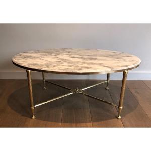 Neoclassical Style Oval Brass Coffee Table With Carrara White Marble Top. French Work By Maison Jansen. Circa 1940