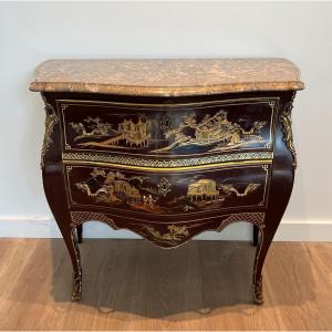 Small Lacquered Commode With Chinese Scenes And Bronze Handles And Feet. French Work In The Sty