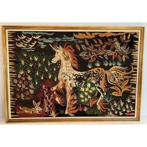 Large Tapestry Representing A Unicorn. French Work Signed Mo. Circa 1950