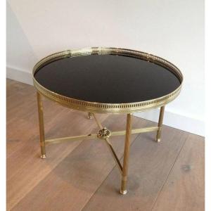 Table Basse Ronde En Laiton Et Plateau De Verre Laqué Noir. Travail Français 