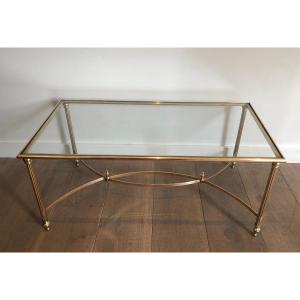 Neoclassical Style Brass Coffee Table With Clear Glass Shelf. French Work By Maison Jansen. 