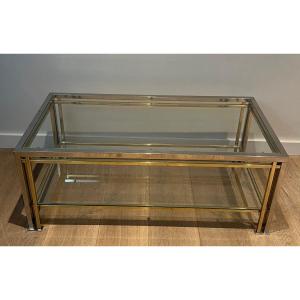 Modernist Coffee Table In Chrome And Gilt Metal With Triple Feet In The Style Of Willy Rizzo