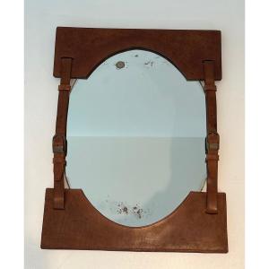 Leather Mirror In The Style Of Jacques Adnet