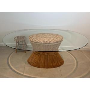 Large Wheat Sheaf Dinning Table With An Oval Beveled Glass Top On A Bamboo Base. American Work