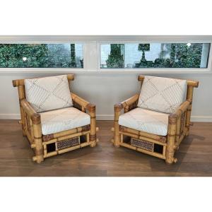 Pair Of Large Bamboo Armchairs With Pierre Frey Cushions. French Work. Circa 1970