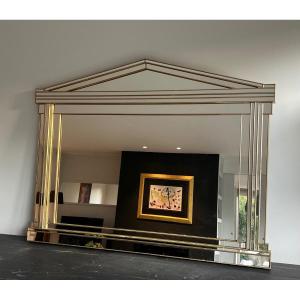 Grand Miroir Domus En Bois, Plexiglass Doré Et Miroirs. Travail Français. Vers 1970