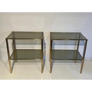 Pair Of Brass Side Tables With Smoked Glass Shelves. French Work. Circa 1960