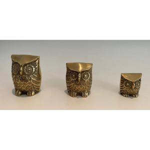 Set Of 3 Small Decorative Brass Owls. French Work. Circa 1970