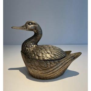 Silvered Metal Ice Bucket Representing A Duck. Italian Work By Mauro Manetti. Circa 1970