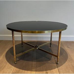 Round Brass Coffee Table With Black Lacquered Glass Top. Frencvh Work By Maison Jansen. 