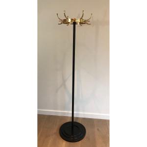 Black Lacquered Metal And Brass Coat Rack. French Work By Jacques Adnet. Circa 1950