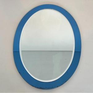 Murano Oval-shaped Mirror With A Bluish Outline (some Wear On The Edge Of The Mirror). 