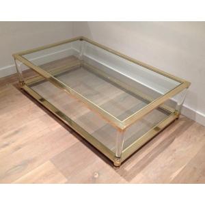 Large Lucite And Brass Coffee Table. French Work. Circa 1970