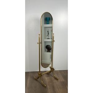 Neoclassical Style Swinging Brass Psyche Mirror With Dolphins Base By Maison Jansen