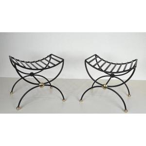 Paire De Tabourets Curules Design En Fer Forgé Et Laiton. Travail Français. Vers 1950