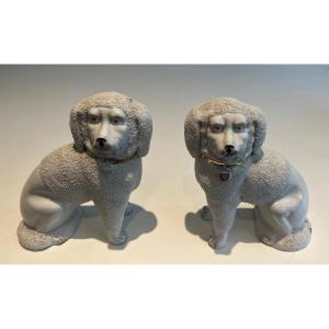 Pair Of Staffordshire Porcelain Figurines Representing Cavalier King Charles Spaniel Dogs. 