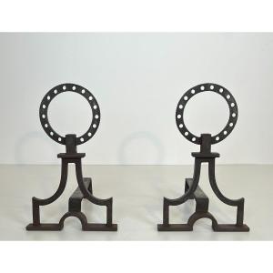 Pair Of Modernist Wrought Iron Andirons. French Work In The Style Of Gilbert Poillerat