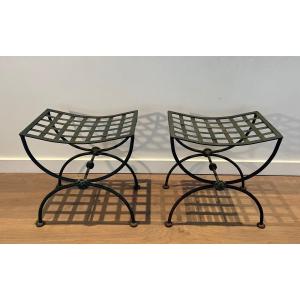 Pair Of Curules Stools Made Of Wrought Iron And Patinated Metal. French Work. Circa 1940