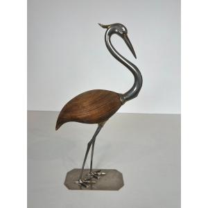 Decorative Exotic Wood And Nickel Bird. French Work. Circa 1970