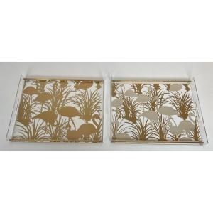 Pair Of Lucite And Brass Trays Decorated With Golden Birds 