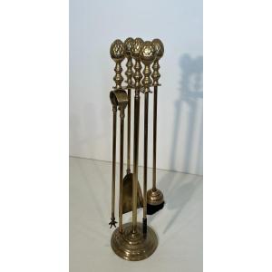 Neoclassical Style Brass Pineapple Fireplace Tools In The Style Of Maison Baguès. 