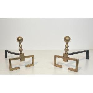 Pair Of Neoclassical Style Brass Andirons. French Work . Circa 1900