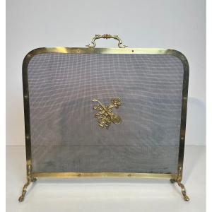 Neoclassical Style Brass And Mesh Fireplace Screen With Mandolin Decorations And Bouquet Of Flo