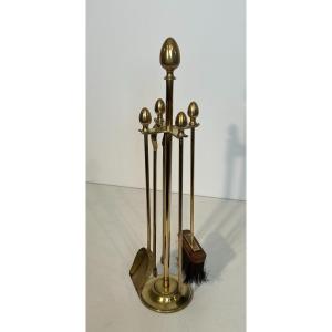 Neoclassical Style Brass Fireplace Tools On Stand In The Style Of Maison Jansen