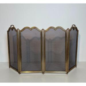 Neoclassical Style Brass And Grilling 4 Panels Fireplace Screen. French Work. Circa 1970