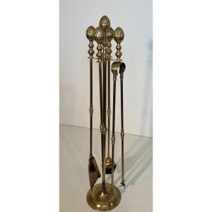 Tall Neoclassical Style Brass Pineapple Fireplace Tools In The Style Of Maison Baguès