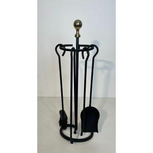 Nécessaire De Feu Design En Métal Laqué Noir Et Laiton. Travail Français. Vers 1970