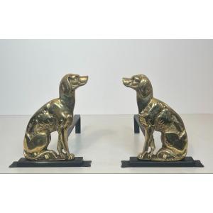 Pair Of Chiseled Bronze Andirons Representing Dogs From Art Deco Period