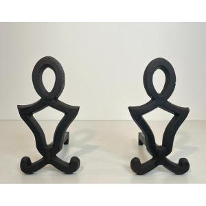 Pair Of Modernist Cast Iron And Wrought Iron Andirons. French Work By Raymond Subes. Circa 1940