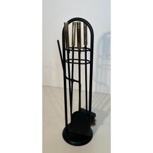 Black Lacquered And Brass Design Fireplace Tools On Stand. French Work. Circa 1970