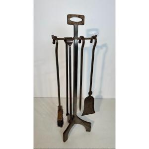 Modernist Steel Fireplace Tools On Stand. French Work. Circa 1970