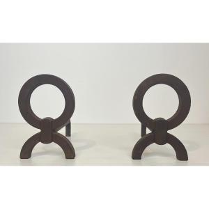 Pair Of Modernist Wrought Iron Andirons In The Style Of Jean Royère