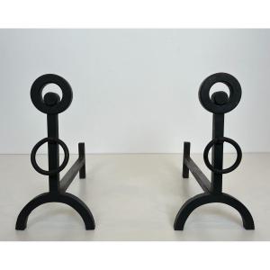 Pair Of Modernist Wrought Iron Andirons. French Work. Circa 1970