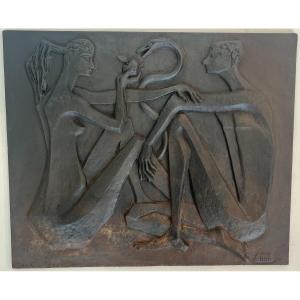 Modernist Cast Iron Fireback Representing Adam And Eve, The Apple And The Snake