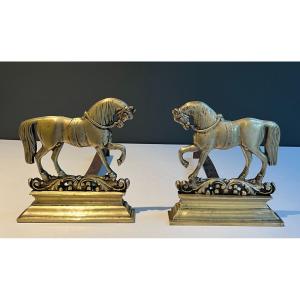 Pair Of Bronze Horses Andirons. French Work. Circa 1970