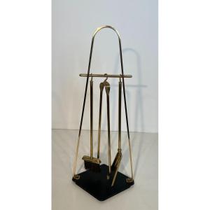 Nécessaire De Feu Design En Métal Laqué Noir Et Laiton. Travail Français. Vers 1970