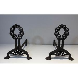 Pair Of Wrought And Hammered Iron Andirons. Swiss Work From Art Nouveau Period, Signed Wanner G