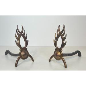 Pair Of Gilt Wrought Iron Andirons. French Work In The Style Of Garouste Et Bonnetti. 