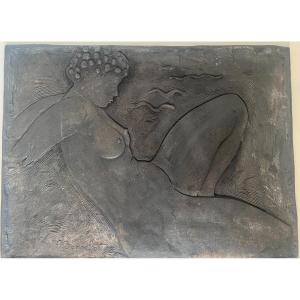 Cast Iron Fireback Representing A Nude Woman. French Work Signed Bonnefoit. Circa 1987