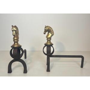 Important Pair Of Bronze And Wrought Iron Andirons Representing Horse Heads. French Work. 