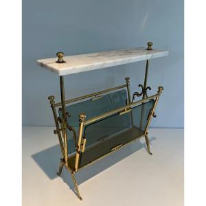 Brass Magazine Rack With Bluish Glass And White Marble Top. French Work. Circa 1940