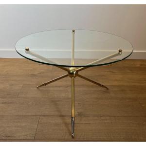 Table Basse Design Ronde Tripode En Laiton. Travail Français. Vers 1970