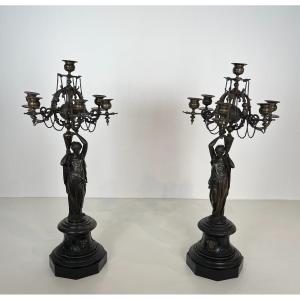 Pair Of Important Caryatids Candelabra In Patinated Bronze In The Style Of Lve Robert