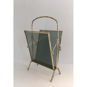 Faux-bamboo Bronze Magazine Rack With Blueish Glass Panels On Each Side  By Maison Jansen