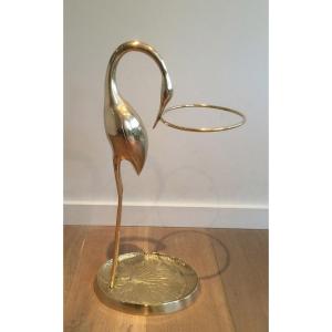 Swan Brass Umbrella Stand. French Work Attributed To Maison Jansen. Circa 1970